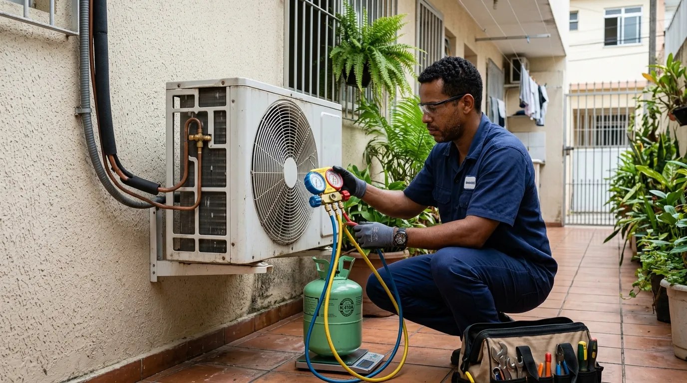 Técnico fazendo carga de gás na condensadora do ar-condicionado em Maceió‑AL