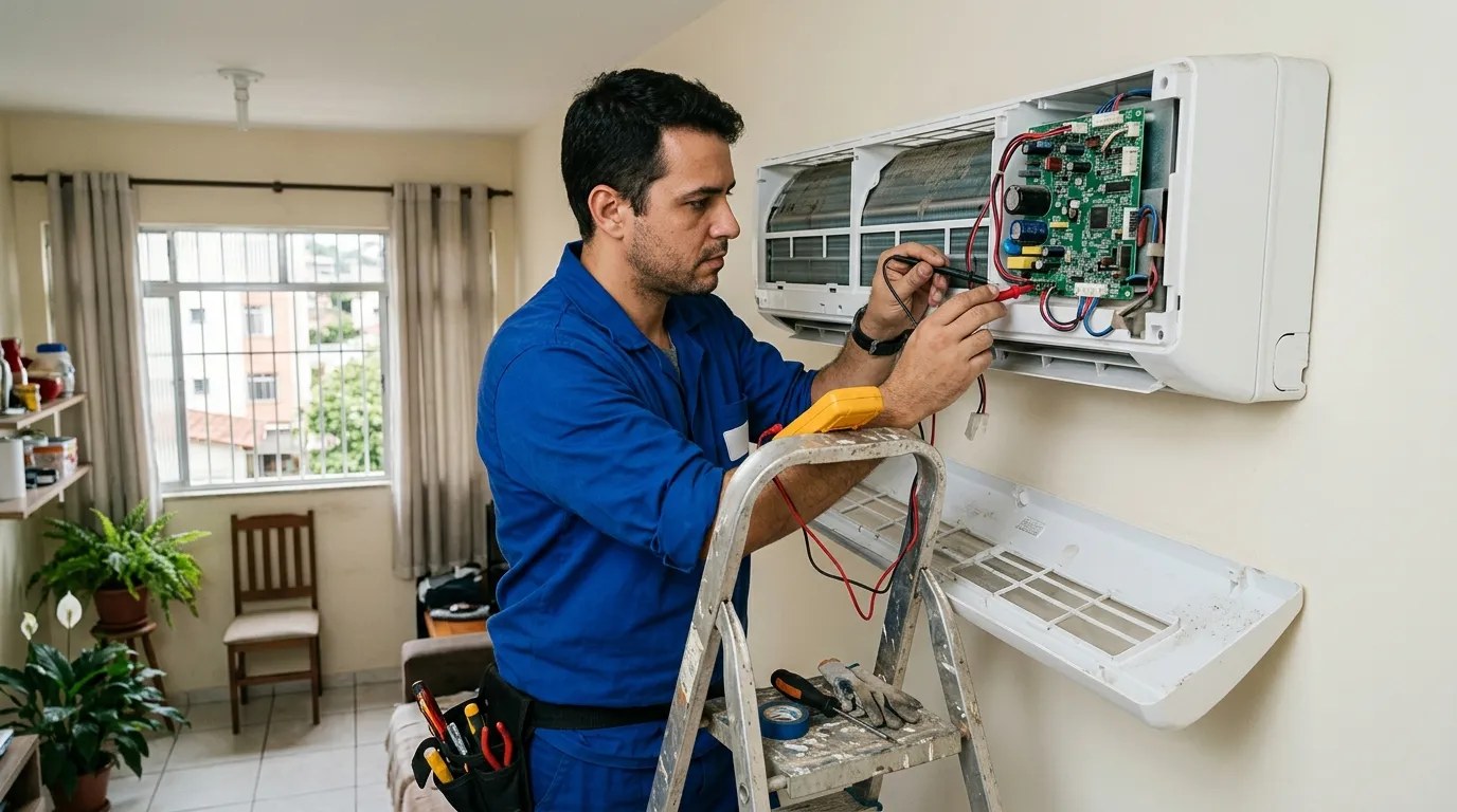 Técnico trocando a placa eletrônica de ar-condicionado split em Maceió‑AL