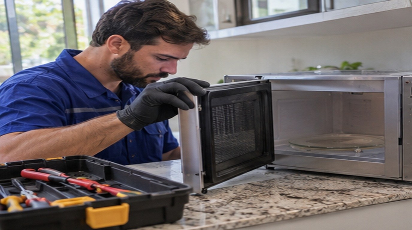 Conserto de micro-ondas em Maceió‑AL: técnico abrindo um micro-ondas de bancada