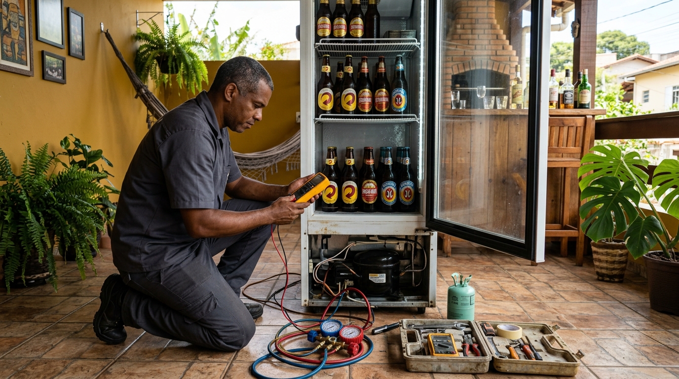 Placa eletrônica de cervejeira em reparo na bancada no Feitosa, Maceió‑AL