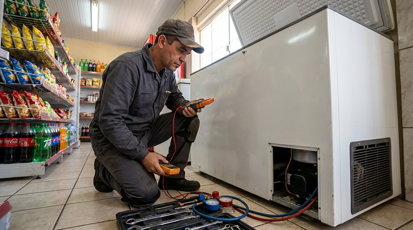 Reparo da placa eletrônica de um freezer em atendimento na Santa Lúcia, Maceió‑AL