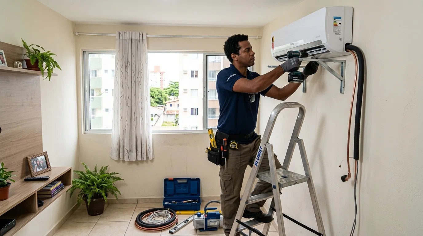 Técnico instalando ar-condicionado split em residência em Maceió‑AL