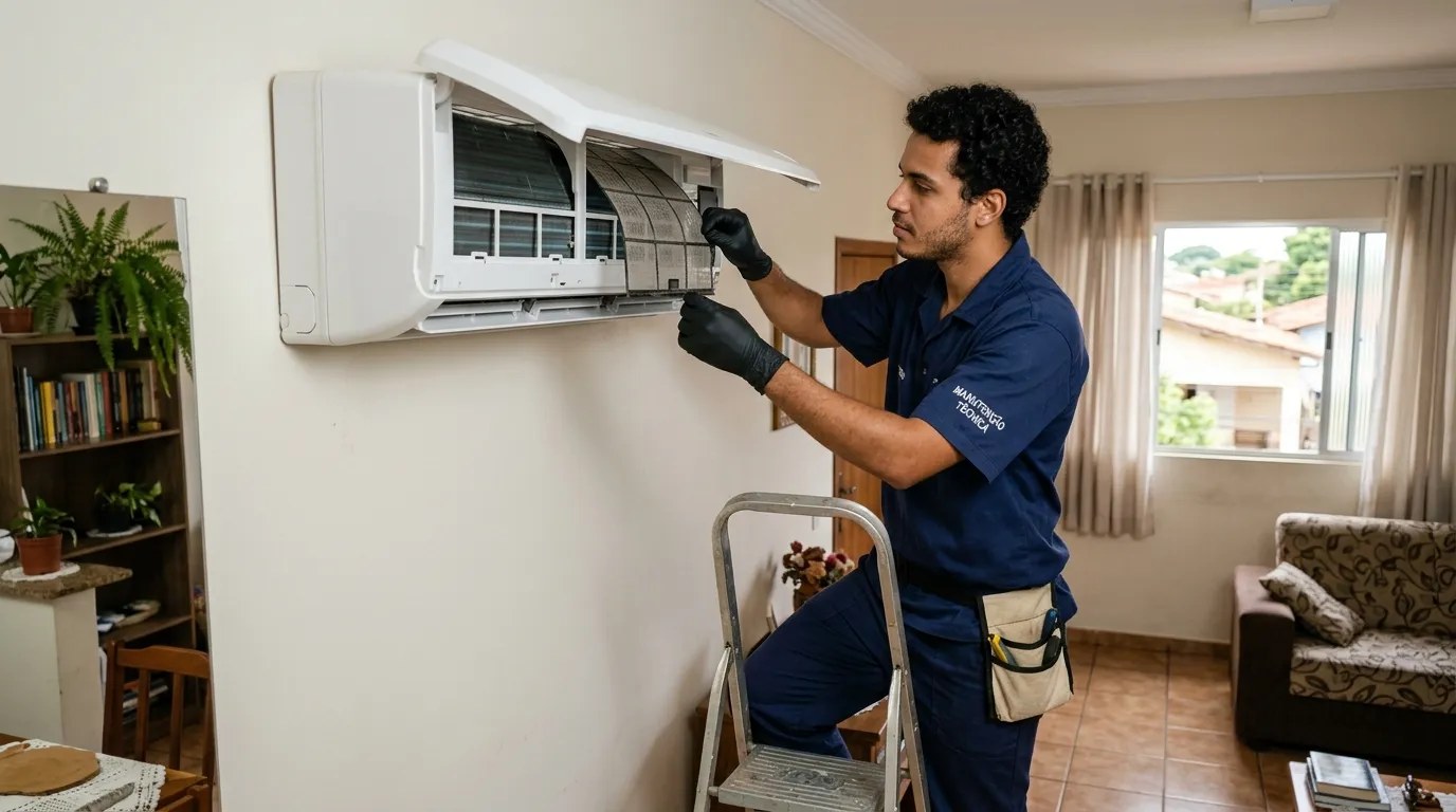Técnico fazendo limpeza e higienização de ar-condicionado split em Maceió‑AL