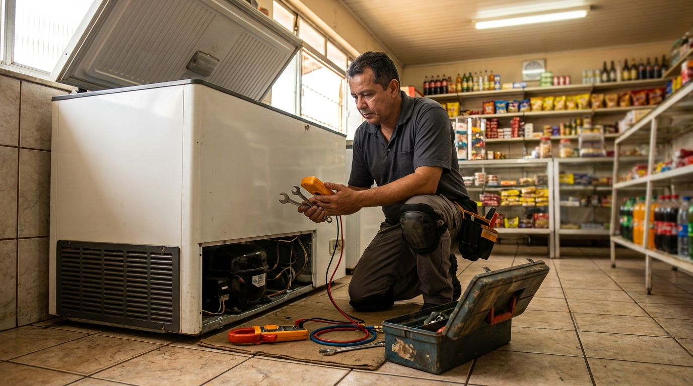 Técnico reparando o motor de um freezer horizontal na Santa Lúcia, Maceió‑AL