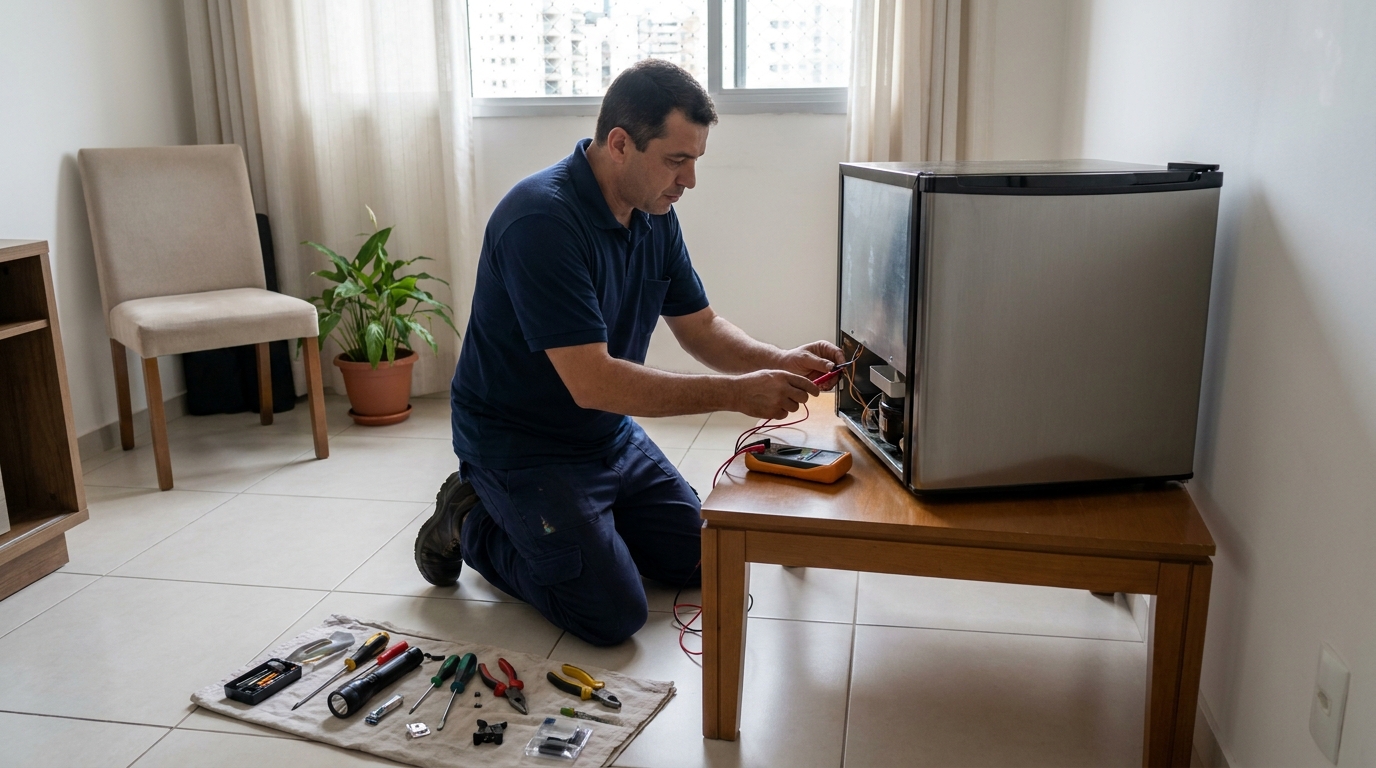 Técnico revisando o motor de um frigobar em Guaxuma, Maceió‑AL