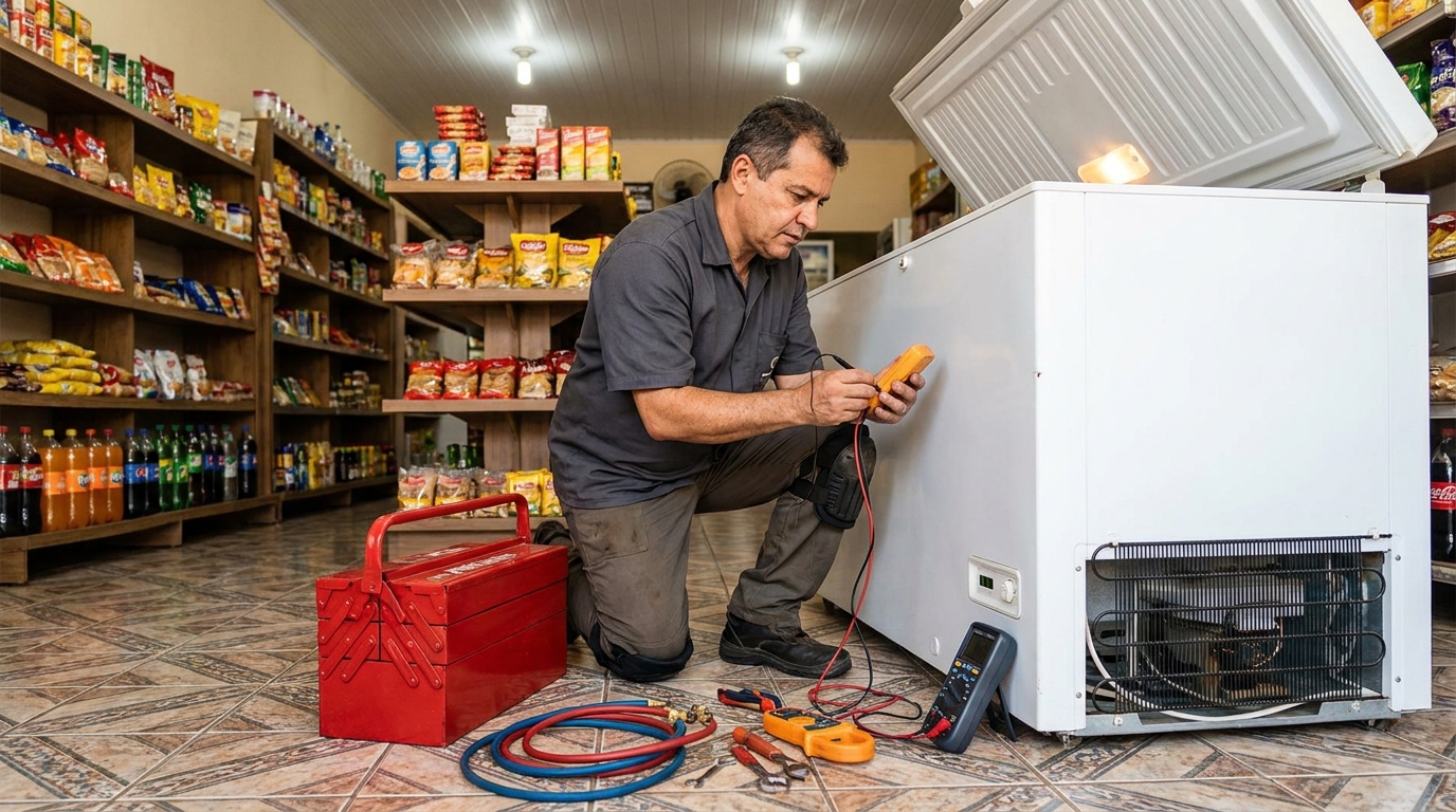 Manômetro conectado ao circuito durante recarga de gás de freezer na Santa Lúcia, Maceió‑AL