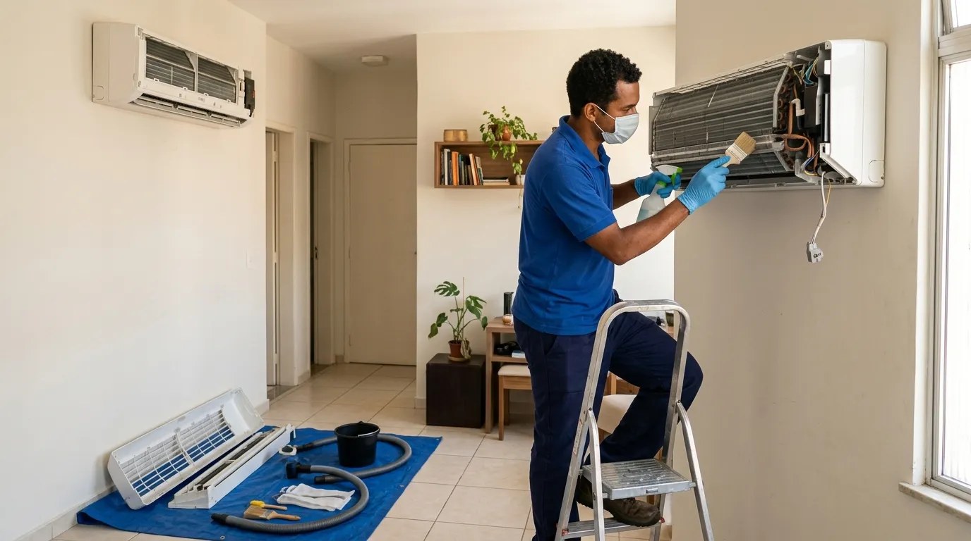 Técnico fazendo manutenção de ar-condicionado split em Maceió‑AL
