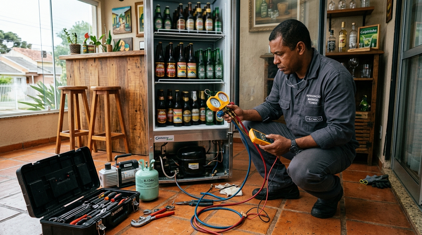 Técnico conferindo a temperatura de uma cervejeira durante atendimento no Feitosa, Maceió‑AL
